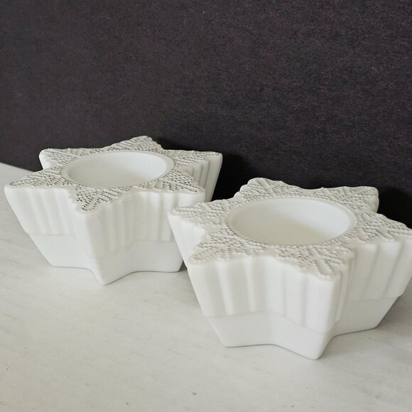 PartyLite Snowflake White Bisque Tea Light Candleholders set/2 winter holiday - Picture 6 of 8